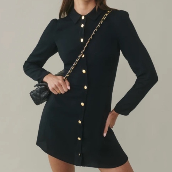 Black REFORMATION long sleeved button-down collared mini dress - Picture 3 of 5